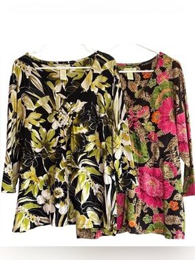 TWO! Caribbean Joe 2X Tropical Floral Tops V-Neck Lattice Detail